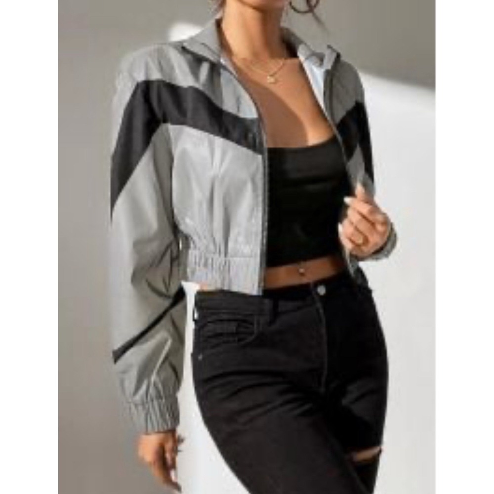 Shein Gray Black Color Block‎ Jacket Size Large Reflective